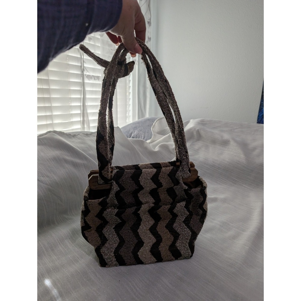 Vintage Tapestry Handbag Wooden Handles Small Boho Purse Lined W/Pockets Retro